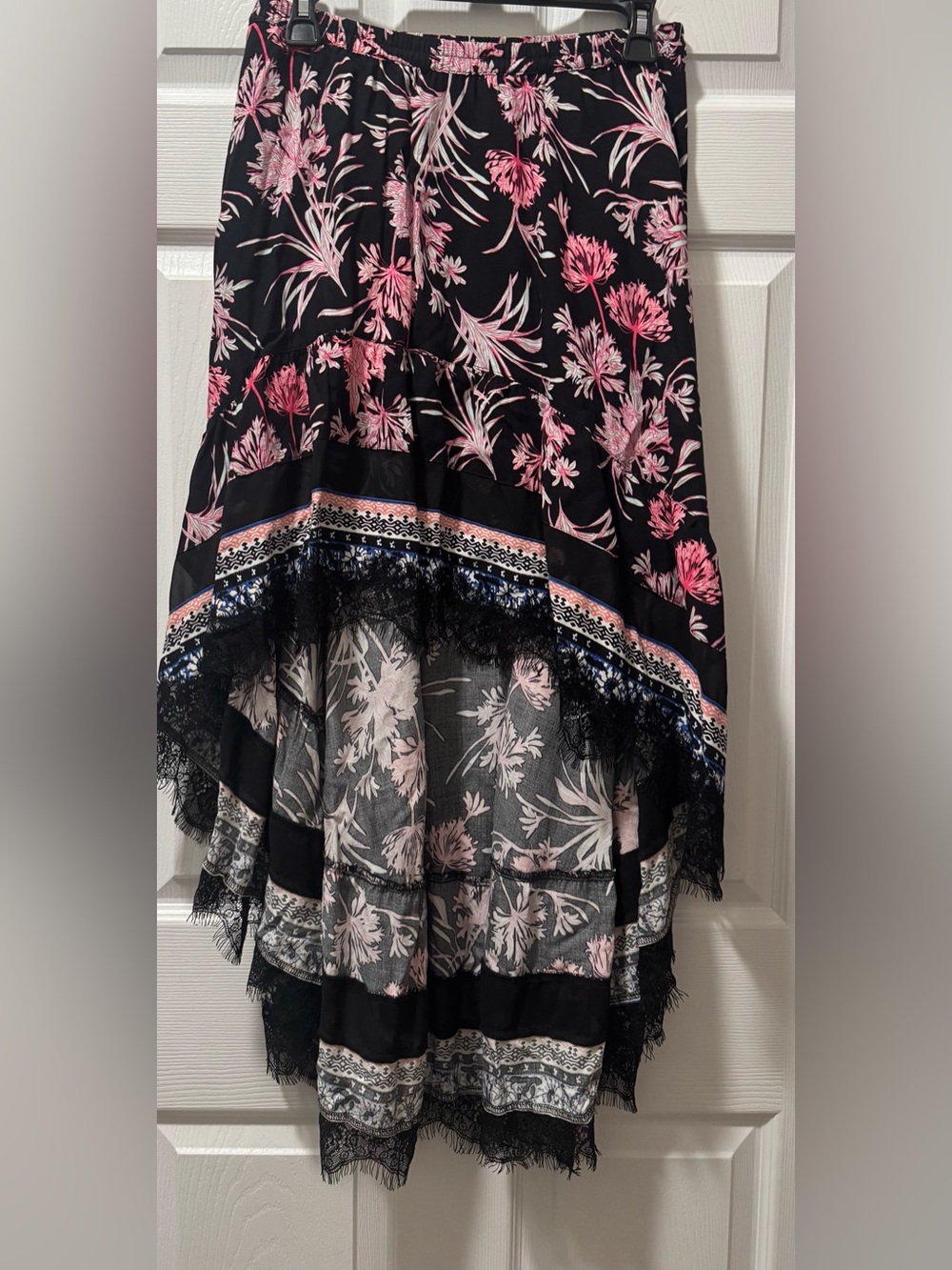 Express Black and Pink Floral High-Low Skirt with Lace Trim